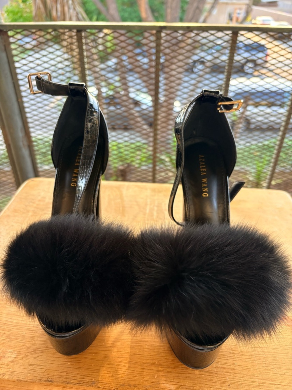 Zaneta Wang Black Fur Platform Sandals with Ankle Strap